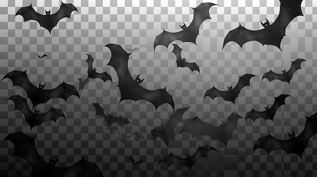 Photo a group of black bats are flying in a transparent background the bats are of different sizes and are arranged in a scattered pattern