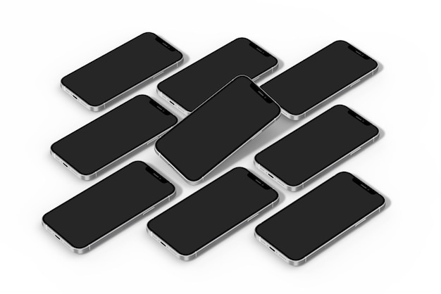 Photo a group of black cell phones are arranged on a white background.