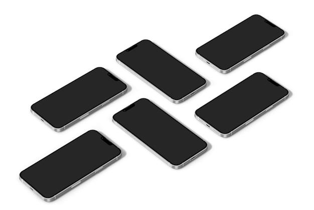 A group of black cell phones with a white background.