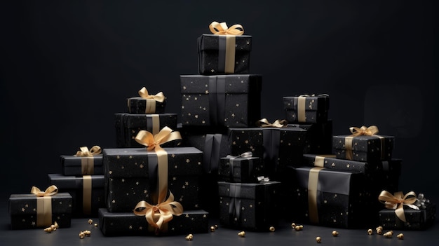 Group of black gift boxes on black background Created with Generative AI technology