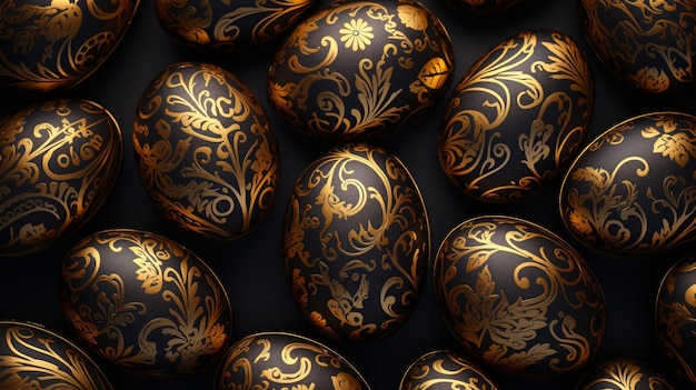 Photo a group of black and gold eggs