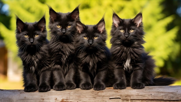 Photo group of black maine coon kittens sitting on a log looking at the camera