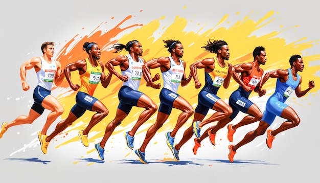 Photo a group of black male track and field athletes runs a relay race olympic games paris watercolor