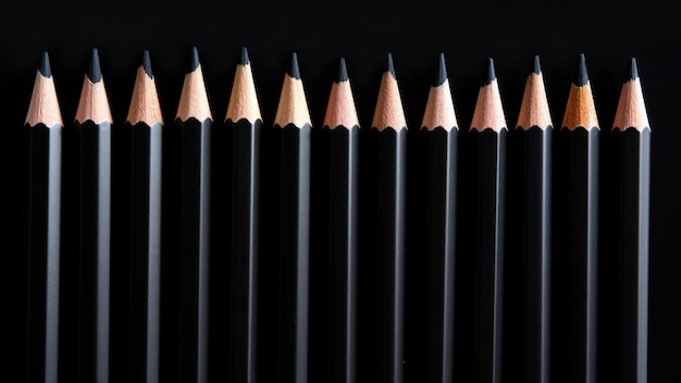 A group black pencils row on black background