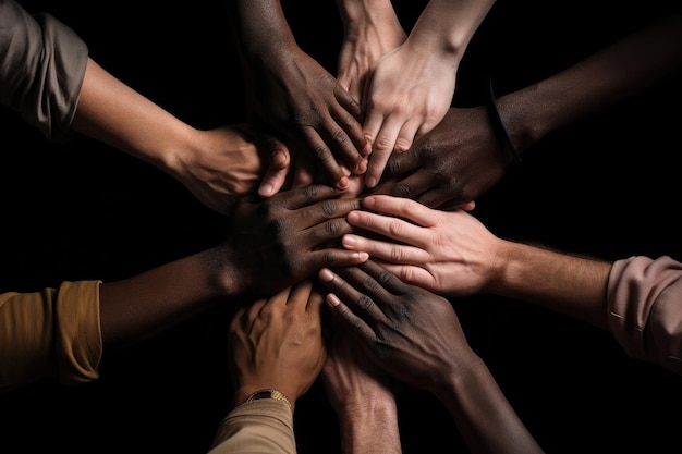 Group of black people putting hands together on black background closeup Stack of hands demonstrating unity and teamwork AI Generated