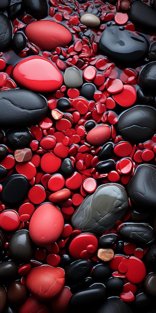 A group of black and red pebbles