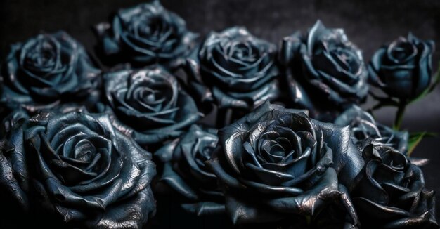 A group of black roses in a dark background