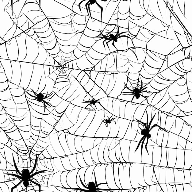 Photo a group of black and white spiders in a web of cobwe generative ai