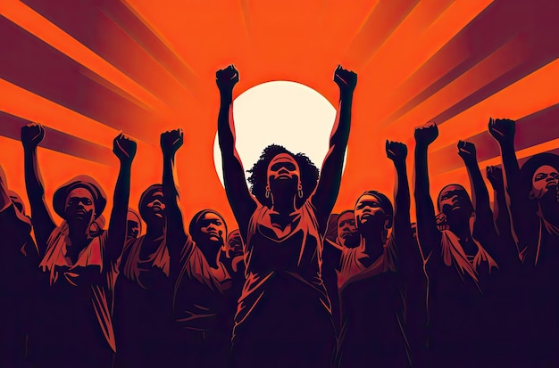 a group of black women with their hands up in the air in the style of simplified and stylized