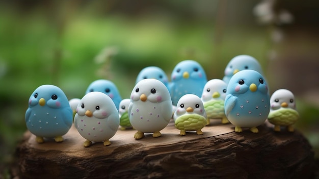 A group of blue birds are sitting on a log.