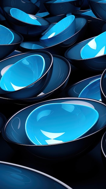 a group of blue bowls with one that has a white design on the top
