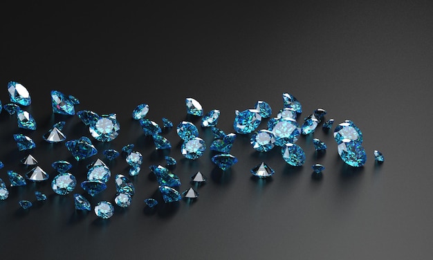 Group of Blue diamond sapphire placed on glossy background 3d rendering