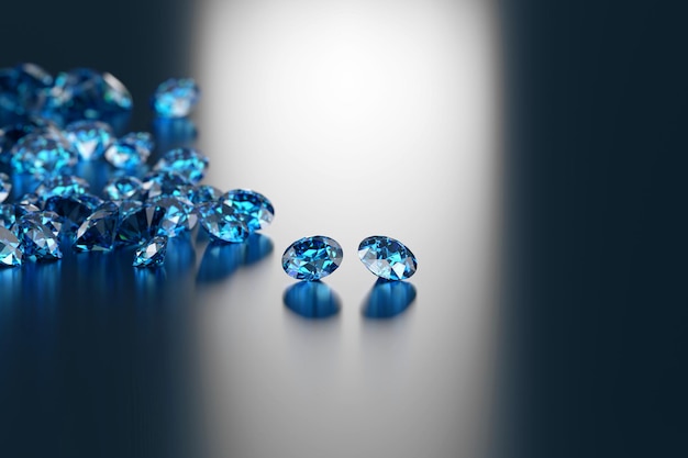 Группа голубых бриллиантовых сапфиров, размещенных на глянцевом фоне, основной объект фокусировки 3d-рендеринга