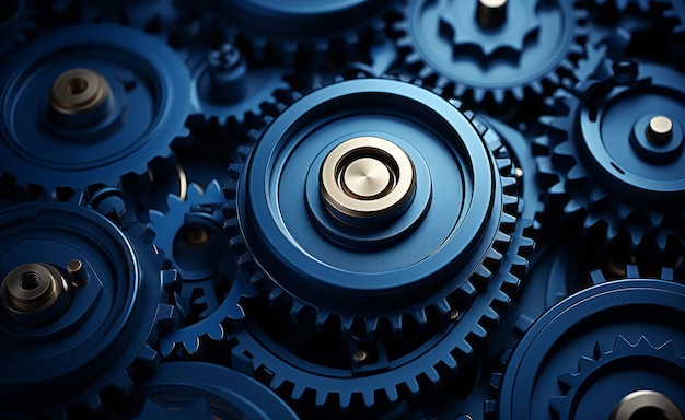 Photo a group of blue gears that are pinned against the top of a dark blue background