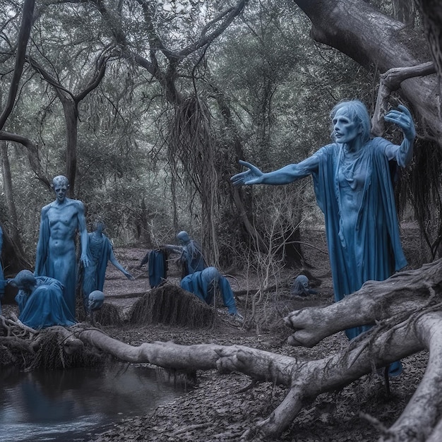 A group of blue men stand in a forest with a river and trees in the background.