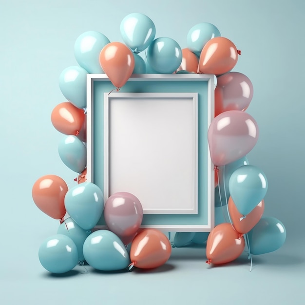 A group of blue and pink balloons are arranged around a white frame.