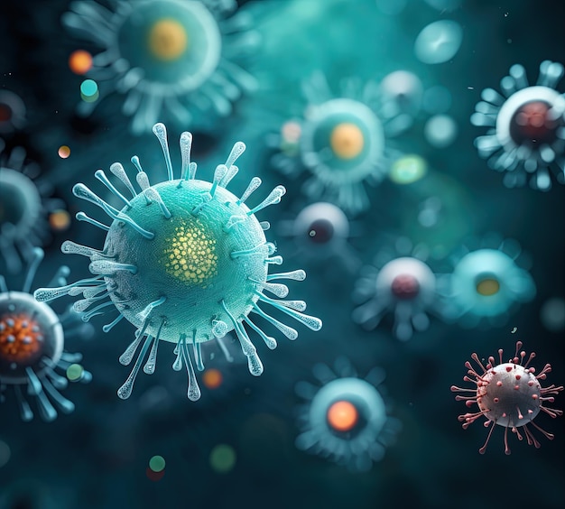 a group of blue viruses on green background