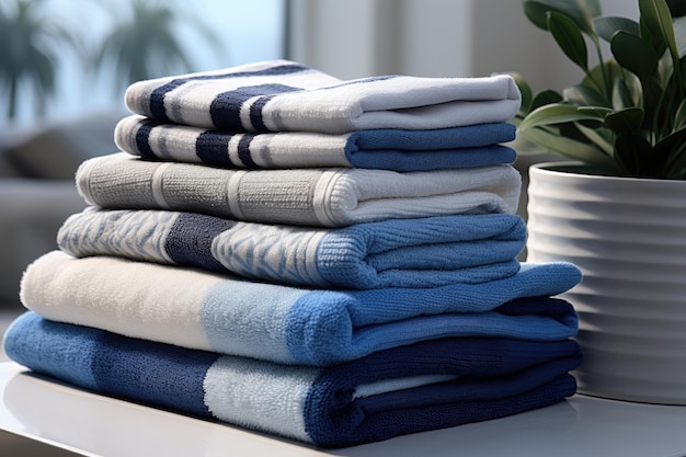 A group of blue white and gray towels arranged together and separated from their surroundings