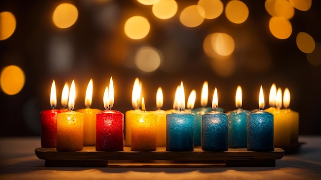 Group of blue yellow and red candles are lit in row