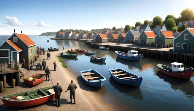 Photo a group of boats are docked in a harbor with a red roof