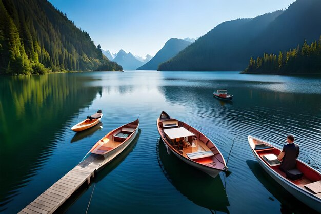 A group of boats are docked on a lake with mountains in the background.