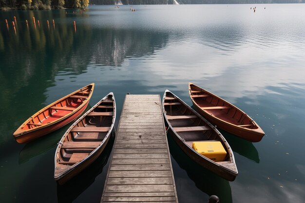 Foto un gruppo di barche in cima a un lago ai generativa