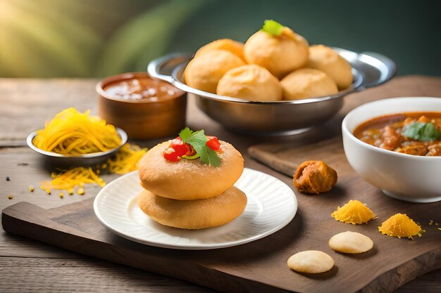 Photo group of bombay chat food includes golgappa or panipuribhelpuri sevpoori dahipuri ragda patti