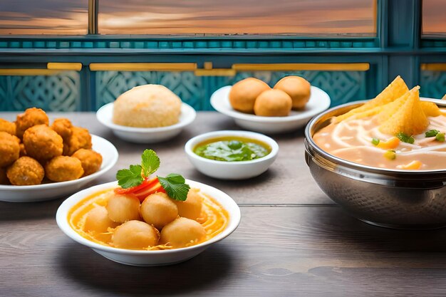 Group of bombay chat food includes golgappa or panipuribhelpuri sevpoori dahipuri ragda patti