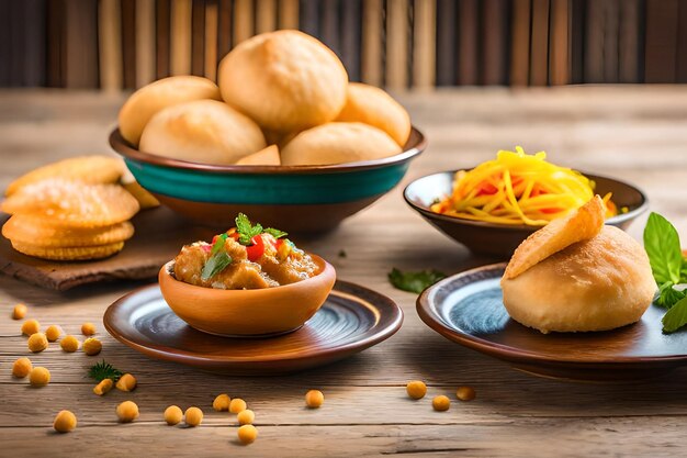 Photo group of bombay chat food includes golgappa or panipuribhelpuri sevpoori dahipuri ragda patti