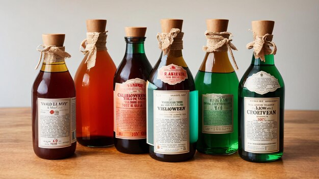 A Group Of Bottles Of Wine Sitting On Top Of A Wooden Table