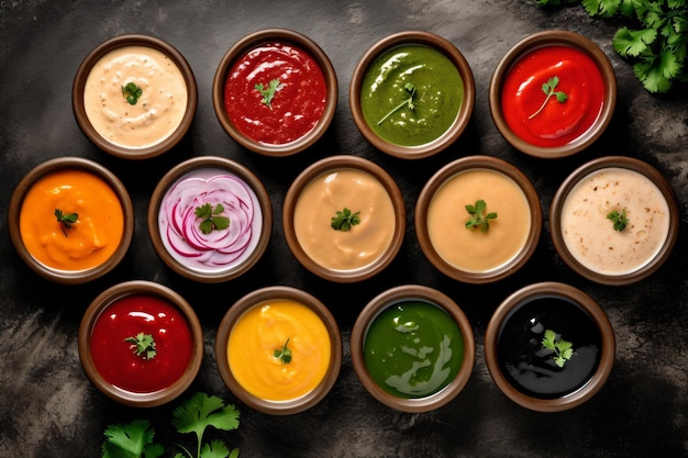 a group of bowls of different sauces