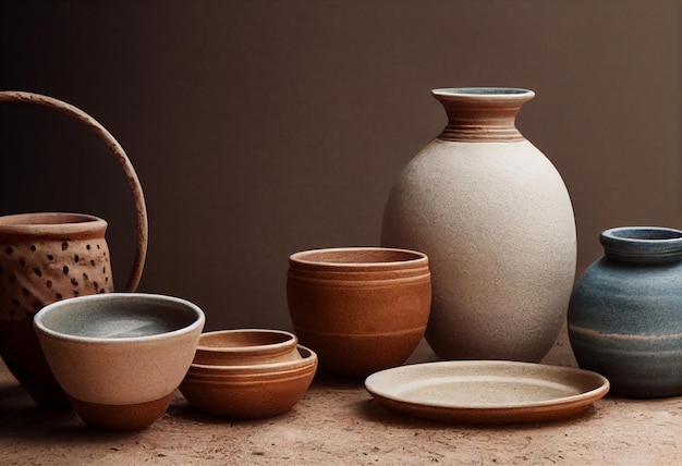 A group of bowls and a plate are on a table