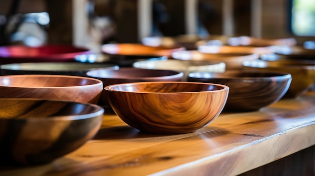 A group of bowls sitting on top of a wooden table