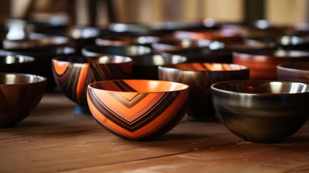 A group of bowls sitting on top of a wooden table