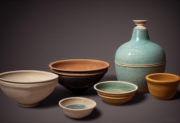 A group of bowls and a vase are on a table