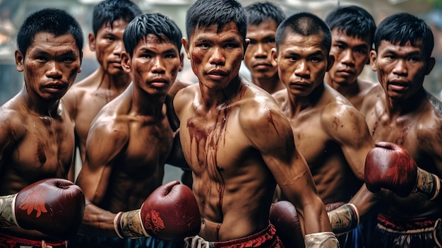 Foto un gruppo di pugili in una calca con uno di loro che mostra i suoi muscoli.