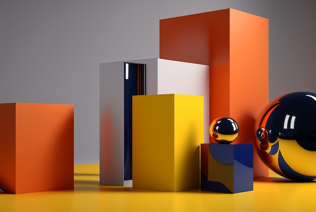 A group of boxes and a box with a black and orange ball on it.