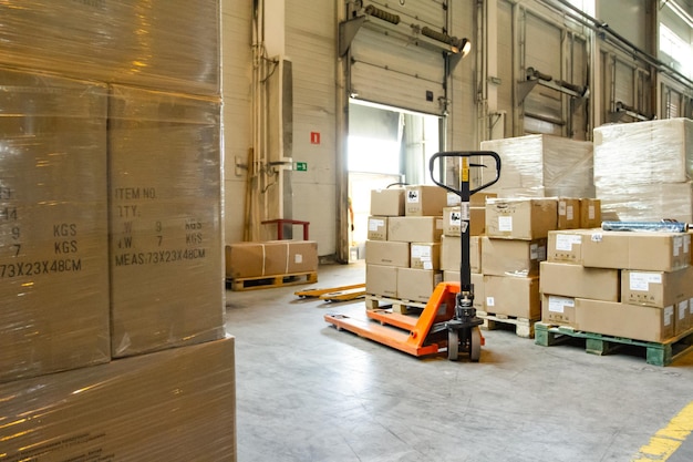 Group of boxes in storehouse Pallets with carton boxes Interior of a modern warehouse storage