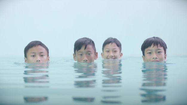 A group of boys are swimming in the water with their heads above water