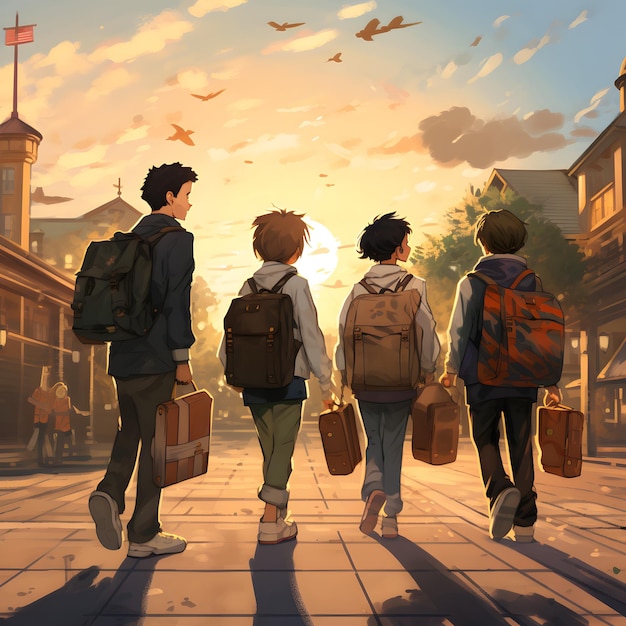 group of boys going to school