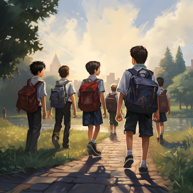 group of boys going to school