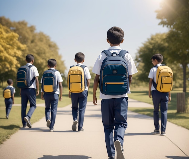 A group of boys walking down a sidewalk with one wearing a yellow backpack