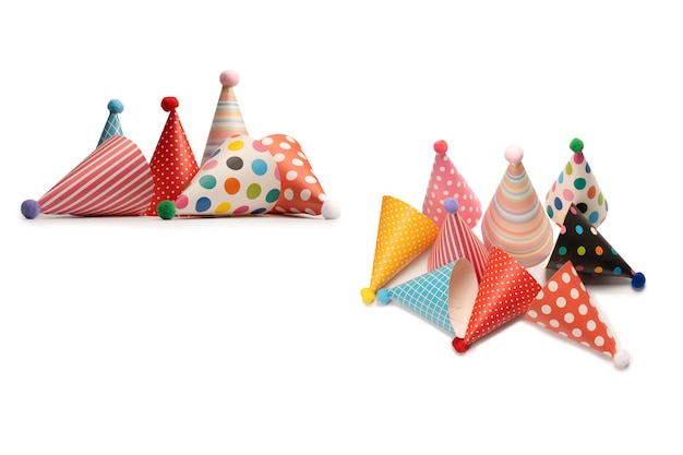 A group of bright and colorful birthday caps isolated on a white background Holidays cocept