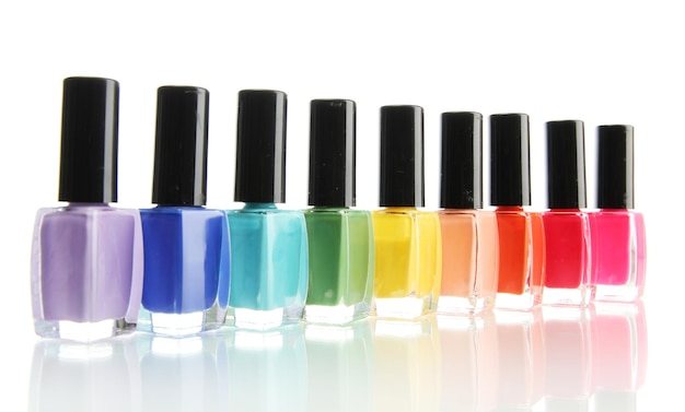 Group of bright nail polishes isolated on white