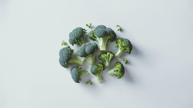 a group of broccoli heads are laying on a white surface