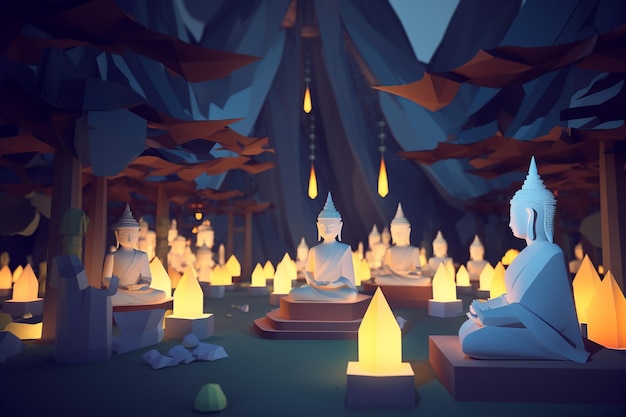 A group of buddhas sit in a forest with lit candles.