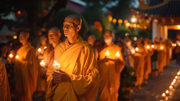 Photo a group of buddhist monks are walking in a temple during a religious ceremony they are wearing traditional orange robes and carrying candles