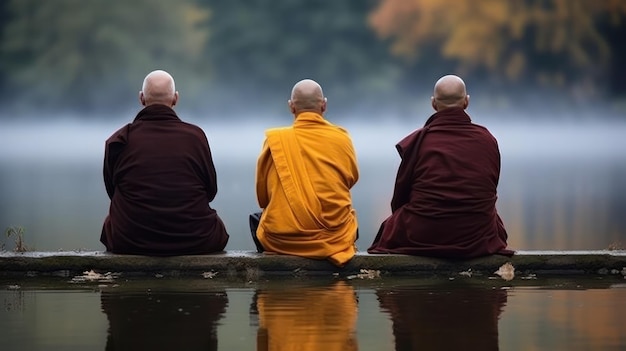 Group of Buddhist monks in meditation beside the river with beautiful nature background