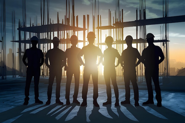 Group of builders silhouette against background of construction site