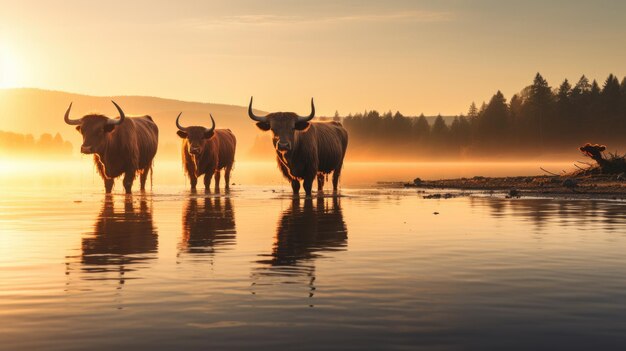 Photo group of bulls walking on the lake at sunrise